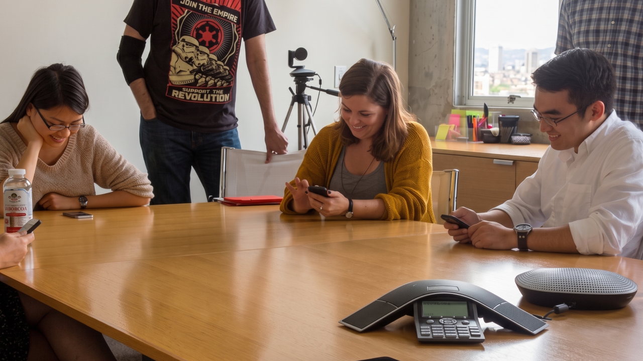 Team members around a conference table testing the networking options on their phones